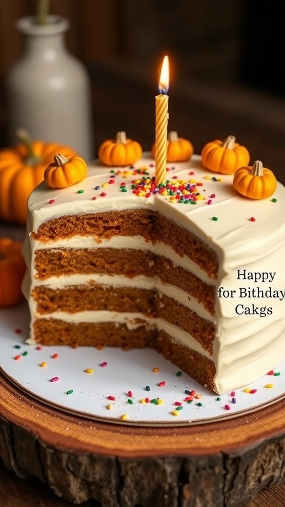 Pumpkin Spice First Birthday Cake A pumpkin spice birthday cake with cream cheese frosting, decorated with small pumpkins and sprinkles, on a wooden table.
